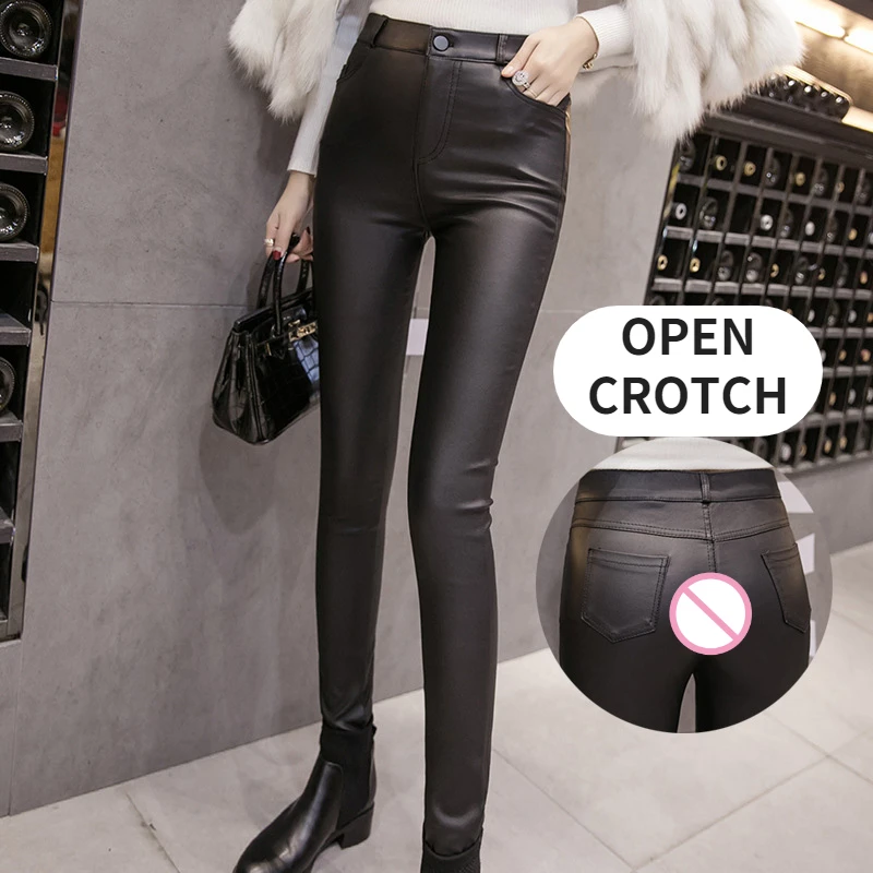 Outdoor Sport Leggings - Woman Open Crotch Sexy Leggings PU